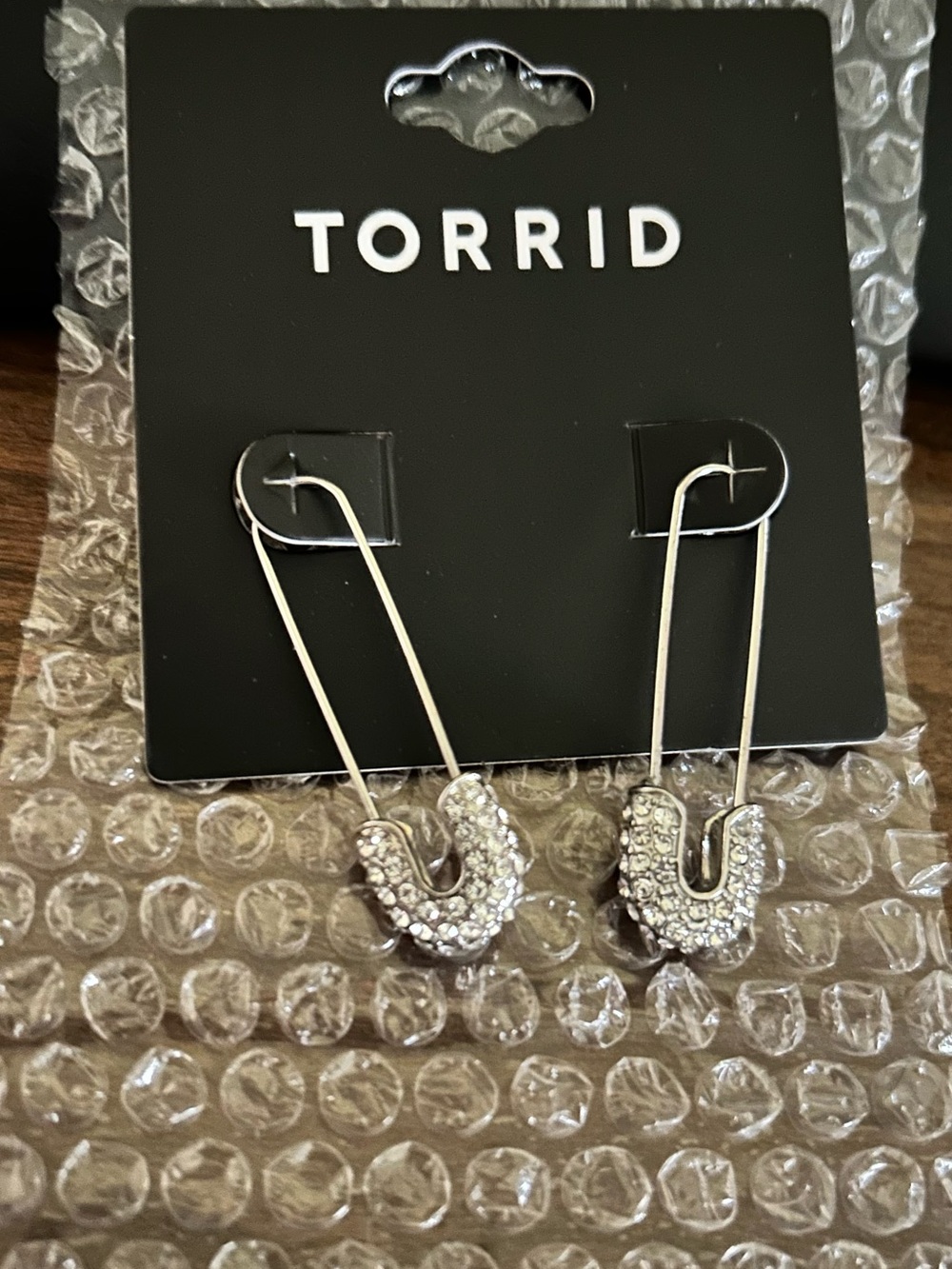 torrid Silver Rhinestone Safety Pin Dangle Earrings